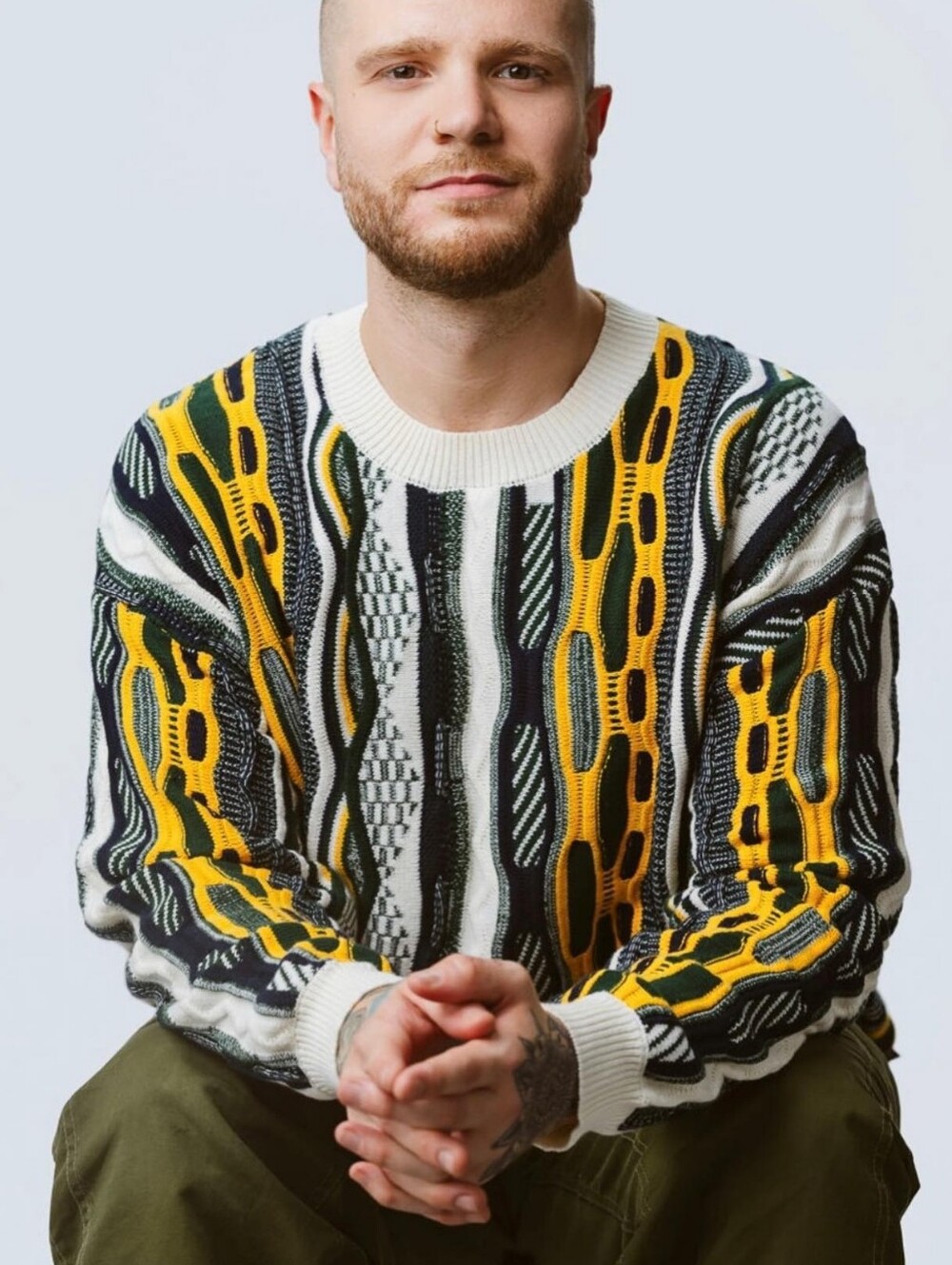 Djab Simons Navy, Yellow, Cream & Forest Green Patterned Crewneck Sweater
